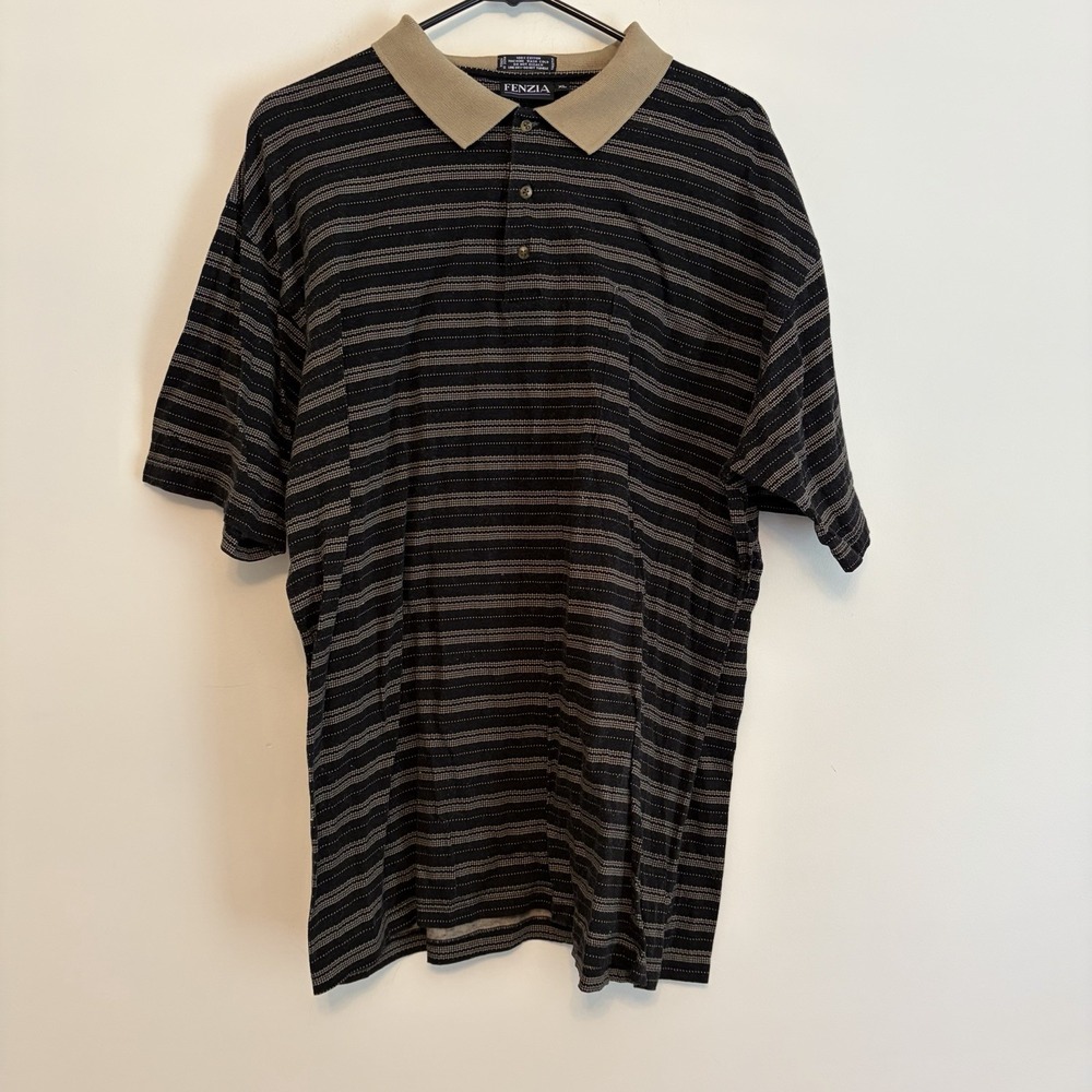 Fenzia‎ XL polo short sleeve shirt Hipster Striped Gray Tan Grandpacore Normcore